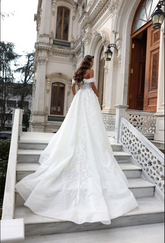 White A-line Off-the-Shoulder Lace Wedding Dress with Slit-27dress